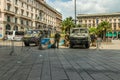 MILAN, ITALY - AUGUST 1, 2019 : Piazza del Duomo - Cathedral Square, entrance from Via Torino. Two military jeeps and guard Royalty Free Stock Photo