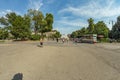 MILAN, ITALY - AUGUST 1, 2019 - Wide angle panorama of Castle Square and the fountain in front of Sforza Castle, Italian: Castello Royalty Free Stock Photo