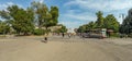 MILAN, ITALY - AUGUST 1, 2019 - Wide angle panorama of Castle Square and the fountain in front of Sforza Castle, Italian: Castello Royalty Free Stock Photo