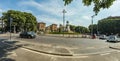 MILAN, ITALY - AUGUST 1, 2019 - Wide angle panorama of Largo Cairoli Square and the Monument of Giuseppe Garibaldi in front of Royalty Free Stock Photo