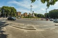 MILAN, ITALY - AUGUST 1, 2019 - Wide angle panorama of Largo Cairoli Square and the Monument of Giuseppe Garibaldi in front of Royalty Free Stock Photo