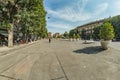 MILAN, ITALY - AUGUST 1, 2019 - Wide angle panorama of Luca Beltrami Street and the Monument of Giuseppe Garibaldi in front of