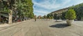 MILAN, ITALY - AUGUST 1, 2019 - Wide angle panorama of Luca Beltrami Street and the Monument of Giuseppe Garibaldi in front of Royalty Free Stock Photo