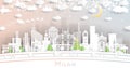 Milan Italy City Skyline in Paper Cut Style with Snowflakes, Moon and Neon Garland