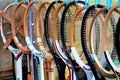 Milan, Italy, 2017.05.21, closeup of old tennis rackets at a vintage market