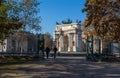 View of Arco della Pace, Arch of Peace, from Sempione Park in city center of Milan, Italy