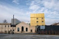 Milan, ITALY FEB 2019 - Fondzione Prada museum - golden yellow warm building in the new square Adriano Olivetti in the south of Royalty Free Stock Photo