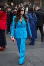 MILAN, ITALY - FEBRUARY 22, 2023: Alessandra Airo with blue jacket and trousers before Alberta Ferretti fashion show, Milan