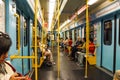 MILAN, ITALY - FEBRUARY 25: Commuters in subway wagon on February 25, 2018 in Milan, Italy. Milan underground is spread