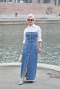 MILAN, ITALY - FEBRUARY 24, 2023: Grece Ghanem with blue denim dress and white shirt before Sportmax fashion show, Milan Fashion Royalty Free Stock Photo