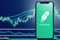 Milan, Italy: February 26, 2021: Robinhood app and Logo on screen. Robinhood financial services company. 3d rendering