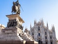 Tourist takes photo Monument in Milan in morning Royalty Free Stock Photo