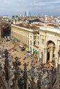 View of Piazza del Duomo with the Galleria Vittorio Emanuele II from the top of the Milan Cathedral in Milan, Italy