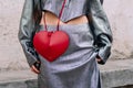 Milan, Italy - February 23, 2023: woman wearing Alaia shoulder bag. Fashion blogger outfit details