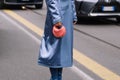 Milan, Italy - February 22, 2023: woman wearing Fendi nano shoulder bag. Fashion blogger outfit details