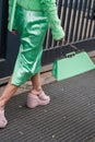 Milan, Italy - February 22, 2023: woman wearing Fendi Peekaboo shoulder bag. Fashion blogger outfit details