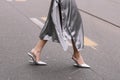 Milan, Italy - February 22, 2023: woman wears Fendi high heels. Fashion blogger outfit details