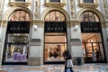 MILAN, ITALY - JANUARY 14, 2022: Facade of GUCCI store inside Galleria Vittorio Emanuele II the world`s oldest shopping mall,