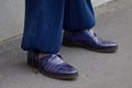 Man with blue crocodile pattern Balenciaga shoes before K-Way fashion show, Milan Fashion Week Royalty Free Stock Photo