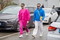 Men with pink sweatsuit and blue hoodie before Etro fashion show, Milan Fashion Week street style