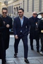 Miguel Angel Silvestre before Giorgio Armani fashion show, Milan Fashion Week street style Royalty Free Stock Photo