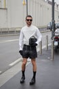 Pelayo Diaz before Prada fashion show, Milan Fashion Week street style