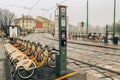 Milan, Italy - January 1, 2018 : rent city bike station in Navigli district near Milan Naviglio Grande. Tourism destination Royalty Free Stock Photo