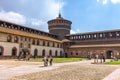 Milan, Italy - July 13, 2021: Sforzesco Castle medieval fortress in the center of Milan, Italy