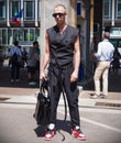 MILAN, ITALY -JUNE 16, 2018: Fashionable man walking in the street before MARNI fashion show, during Milan Fa Royalty Free Stock Photo