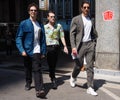 MILAN, ITALY -JUNE 16, 2018: Fashionable men walking in the street before MARNI fashion show, during Milan Fa Royalty Free Stock Photo