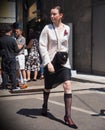 MILAN, ITALY -JUNE 16, 2018: Fashionable woman walking in the street before MARNI fashion show Royalty Free Stock Photo