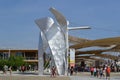Panoramic view of Cardo and Decumano street of Expo Milan 2015 with a large metallic statue by Studio Libeskind.