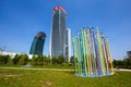 `Tre Torri` complex buildings in City Life District and Coloris Pascale Marthine Tayou sculpture in Milan, Italy