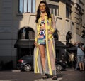 MILAN, ITALY -JUNE 18, 2018: Woman posing for photographers in the street before MORELLO fashion show Royalty Free Stock Photo