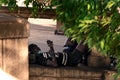 Milan, Italy - May 8, 2020: Bicyclist having rest under the tree. Man exercising outdoor wearing medical mask. Sport practice Royalty Free Stock Photo