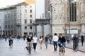 Milan, Italy - May 4, 2020: bicyclists, pedestrian exercising in downtown of Milan. Italy enters second phase of coronavirus COVID