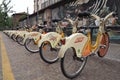 Milan Italy 1 MAY 2018: Bike sharing service racks in Milan. Royalty Free Stock Photo