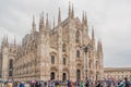 Milan Cathedral facade, exterior with many marble statues, reliefs.