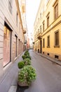 Milan. Via Santo Spirito Street in Milan. Sunny Day. Lonely and Quiet Street in Montenapoleone Fashion Royalty Free Stock Photo
