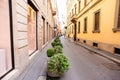 Milan.  Via Santo Spirito Street in Milan. Sunny Day. Lonely and Quiet Street in Montenapoleone Fashion Royalty Free Stock Photo