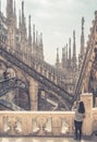 Milan Cathedral roof, Italy, Europe. People visit beautiful terrace. Milan Cathedral or Duomo di Milano is top tourist attraction