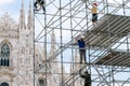 Milan. Workers Assemble a Steel Structure in Front of Milan Cathedral. Italy