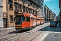 Milan, Italy- 06.07.2019: Milan street panorama modern tram tram. European public transport