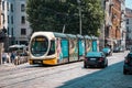 Milan, Italy- 06.07.2019: Milan street panorama modern tram tram. European public transport