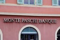 Monte paschi banque logo brand and text sign Italian bank Monte dei Paschi di Siena office entrance