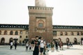 milan, italy - nov, 2021 La torre del Filarete and brick walls of old medieval Sforza Castle Castello Sforzesco