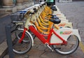 Milan, Italy - November 20, 2019: Mobike dockless bicycles parked in a street.