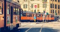 Two old tram line 12 of the company Azienda Trasporti Milanesi Royalty Free Stock Photo