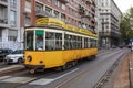 MILAN, ITALY - NOVEMBER 26, 2017 - view of the so-called Jumbo tram , operated by Azienda Trasporti Milanesi, in the