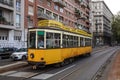 MILAN, ITALY - NOVEMBER 26, 2017 - view of the so-called Jumbo tram , operated by Azienda Trasporti Milanesi, in the